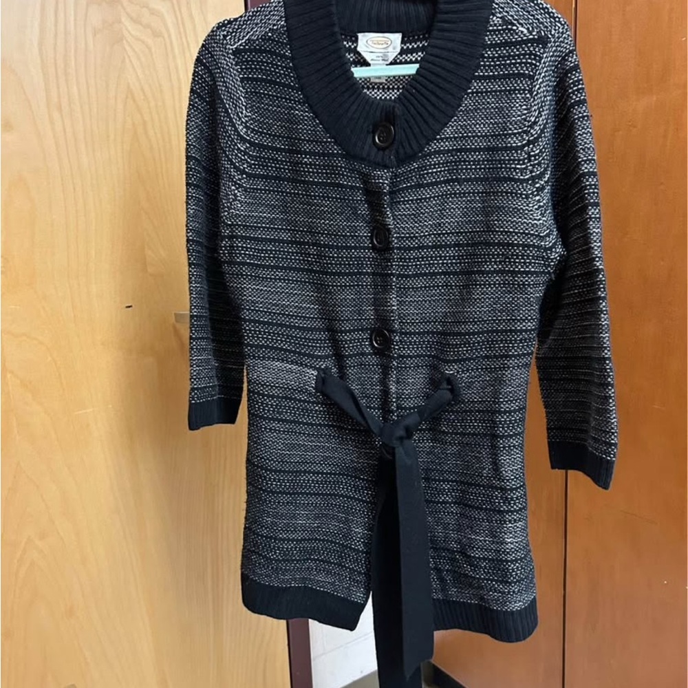 Talbots Black and Gray Long Cardigan with Tie Waist